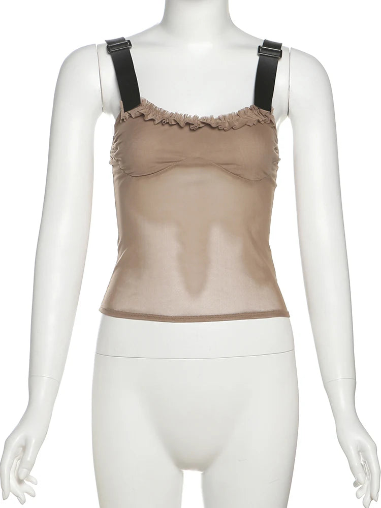 Patchwork Fungus Edge Camisole Women Y2K Mesh Metal Adjustment Clasp Low-Neck Sexy Skinny Midnight Summer Trend Tops