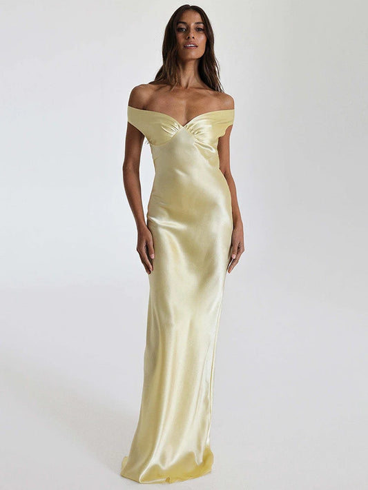Satin Off-shoulder Backless Sexy Maxi Dress Women Gown Fashion Strapless Sleeveless High Waist Club Party Long Dresses