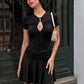 Short Sleeve Mini Dress with Keyhole Cutout and Ruched Waist Brown Black Dresses for Woman Clothing