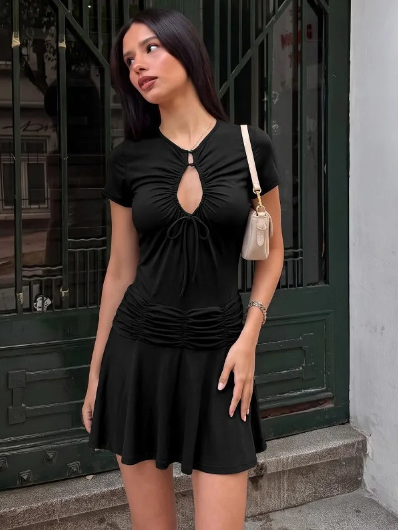 Short Sleeve Mini Dress with Keyhole Cutout and Ruched Waist Brown Black Dresses for Woman Clothing