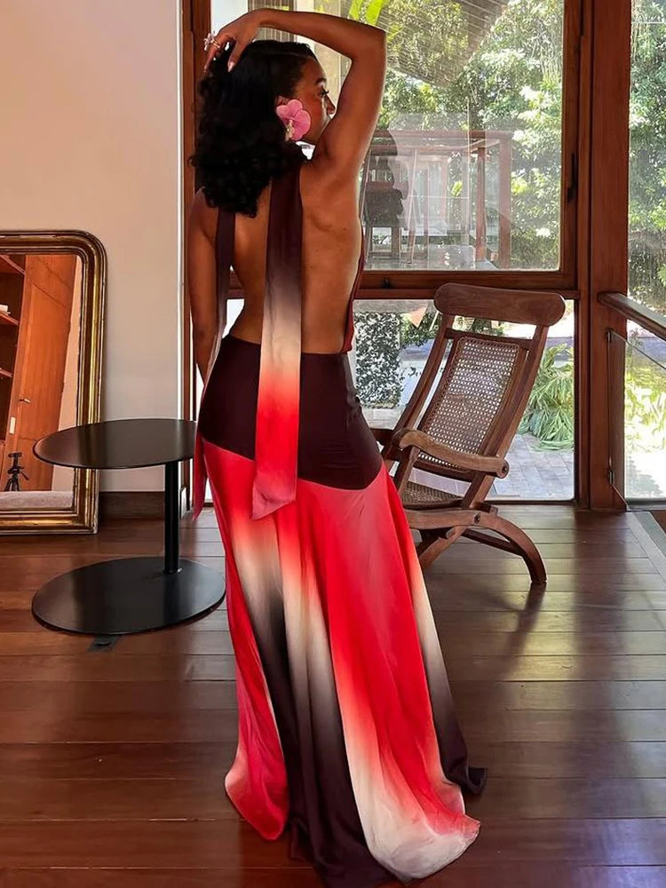 Contrast Patchwork Dress Women Backless Sleeveless Halter Tassel Swing Collar Sexy Midnight Clubwear Party Vestidos