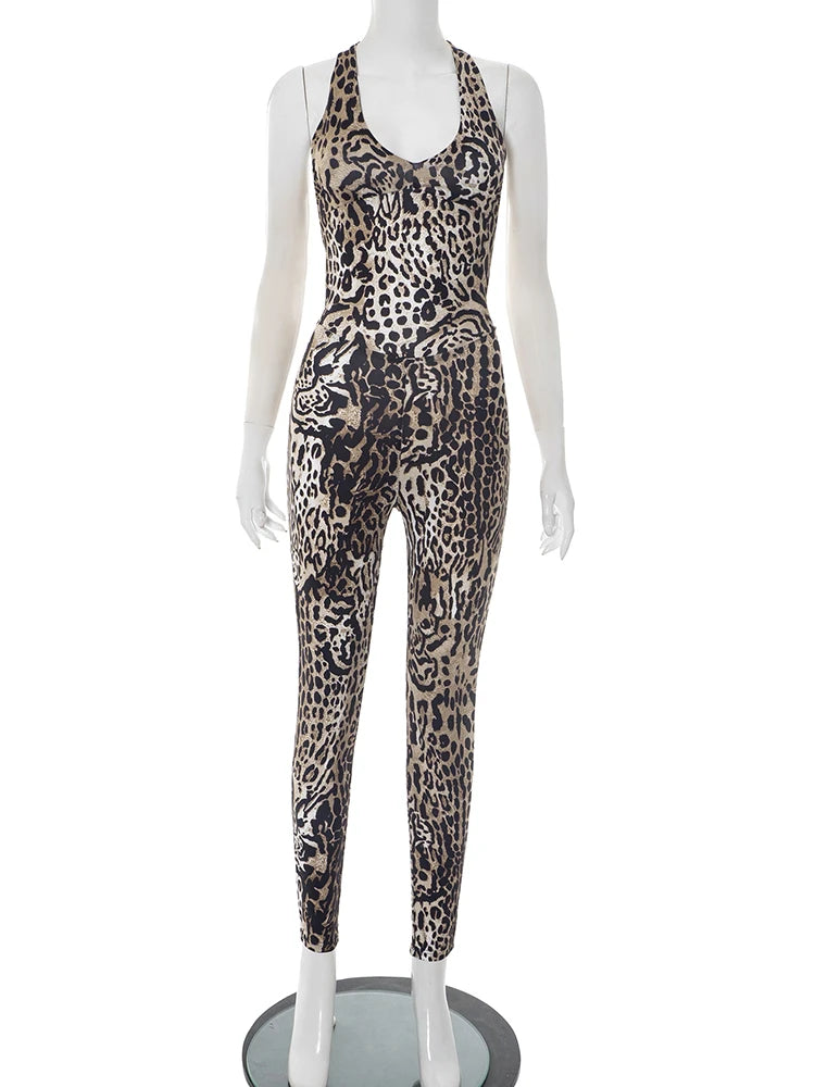 Leopard Print Jumpsuit Women Coquette Summer Trend Midnight Club Activity Sleeveless Fitness Stretch Workout Overalls