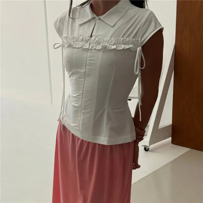 French Minimalist Lapel Ruffle Sleeveless Blouse Side Tie String Waist Cinch Back Tie Slim Fitted Shirt Office Daily Top