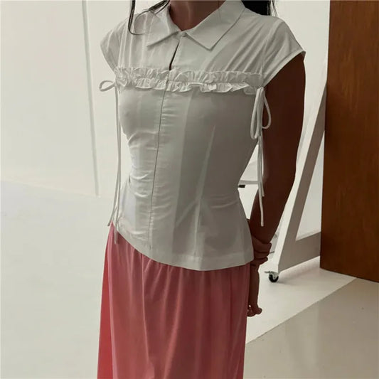 French Minimalist Lapel Ruffle Sleeveless Blouse Side Tie String Waist Cinch Back Tie Slim Fitted Shirt Office Daily Top