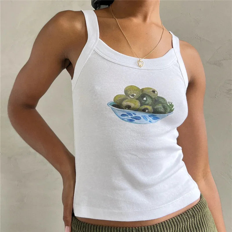 Women's Y2k Cute Print Tank Top Vintage Aesthetic Slim Fit Sleeveless Crop Top 90s E Girls Summer Going Out Mini Top