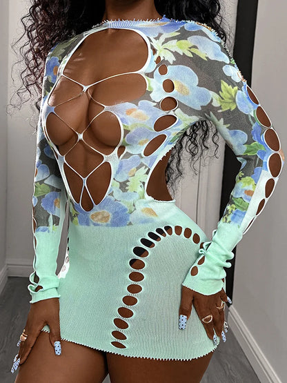 Sexy Mesh Hollow Dress Women Floral Frail Backless Colorful Chic Peach Hip Stretchy Skinny  Midnight Clubwear Bodycon