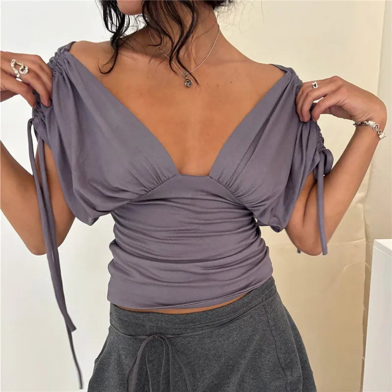 Y2K Deep V Neck Ruched Drawstring Sleeve Top Women Short Sleeve Backless Slim Fit Casual Streetwear Party Blouse