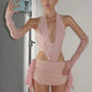 Sexy 2-Piece Set Women Halter Patchwork Fishbone Irregular Hem Deep v-Neck Vest+Folds Mesh Tassel (Long) Skirt Suit