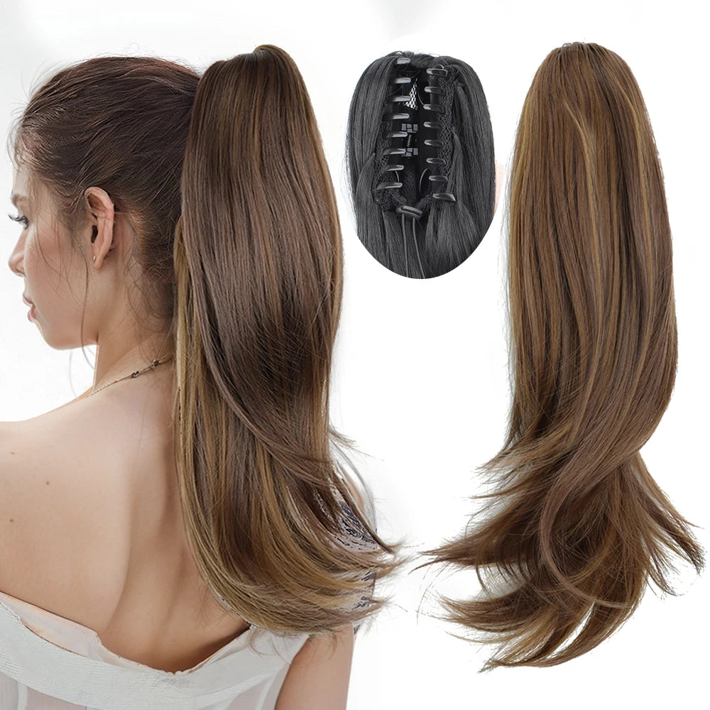 Synthetic Long Wavy Ponytail Hair Extensions Brown Black 18Inch Claw Clip Pony Hairpiece For Daily Use Hair Accessories