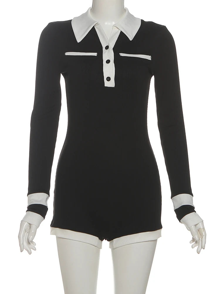Contrast Patchwork Playsuits Women Ribbed Button Polo-Neck Full Sleeve Skinny Stretch Wrap Hip Street Fashion Rompers