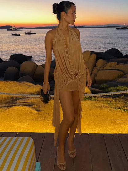 Elegant Ruched Mini Dress Woman Halter Swing Collar Backless Tassel Decoration Midnight Prom Party Fashion Bodycon