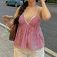 Gingham Lace Trim V Neck Cami Top Women Ruched Babydoll Spaghetti Strap Tank Top Y2K Coquette Casual Summer Party Outfit