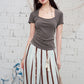 Square Neck Fitted T-Shirt, Ruched Short Sleeve Top