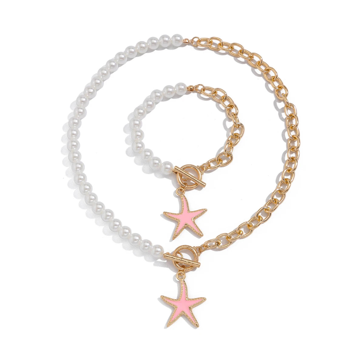 2Pcs Boho Punk Starfish OT Buckle Pendant Choker Necklace Bracelet Women Elegant Imitation Pearl Chain Y2K Jewelry Set