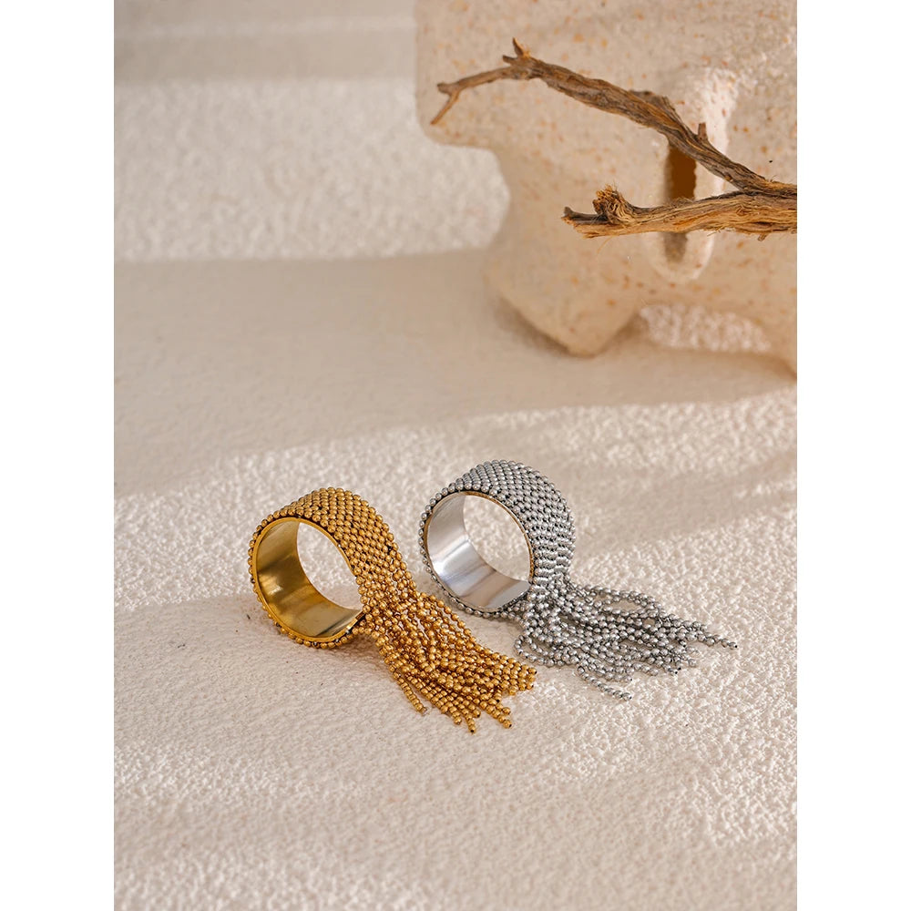 Statement Stainless Steel Chain Tassel Finger Ring Adjustable 18K PVD Plated High Quality Charm Stylish Golden Jewelry