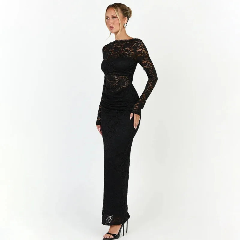 Long Sleeve Backless Maxi Dress See Through Lace Elegant Black Dresses for Woman Evening Gowns Fall 2026