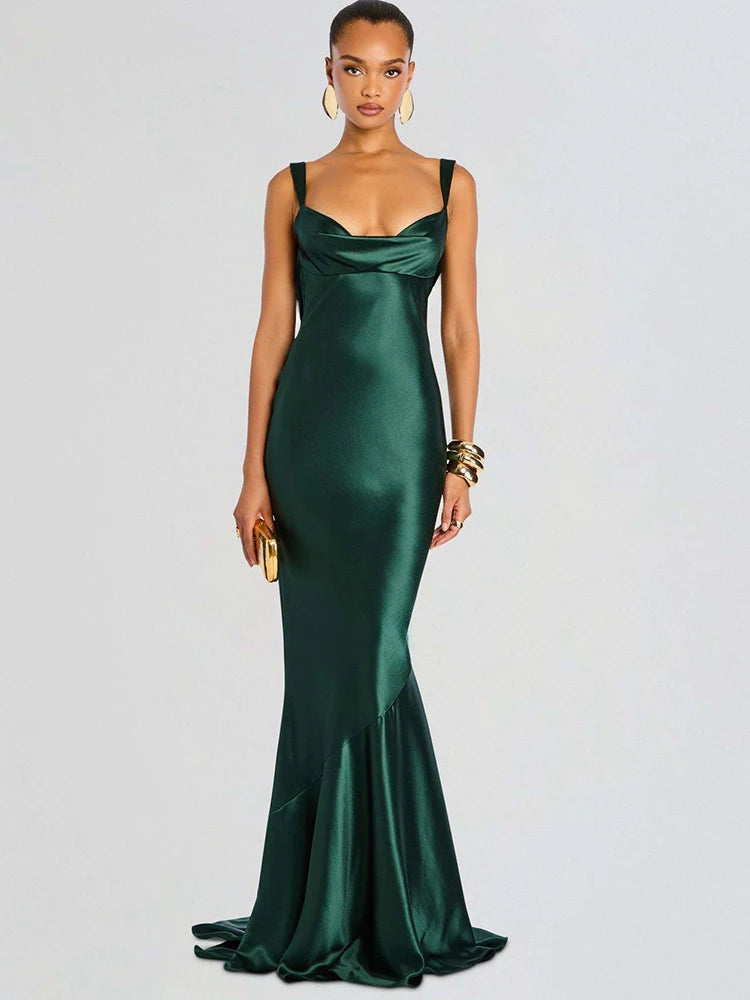 Women Mermaid Sexy Maxi Evening Dress Spaghetti Strap Cowl Neck Backless Formal Wedding Guest Prom Party Long Dress