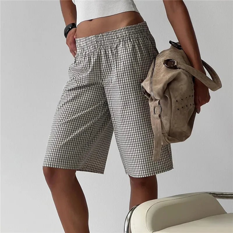 Vintage Plaid Check Bermuda Shorts Elastic Waist Loose Knee Length Trousers For Women Casual Summer Streetwear DailyWear