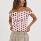 Women Pink Polka Dot Off Shoulder Top Short Sleeve Slim Fit Y2K Style T-Shirt Casual Summer Fitted Blouse Streetwear