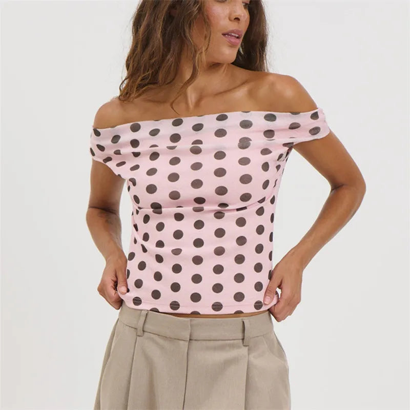 Women Pink Polka Dot Off Shoulder Top Short Sleeve Slim Fit Y2K Style T-Shirt Casual Summer Fitted Blouse Streetwear
