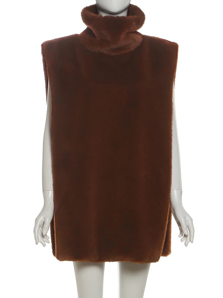 Furs Punk Furry Tank Tops Women Side Slits Stand Collar Simple Wild Sexy Hottie Street Midnight Club Vest  Outwear