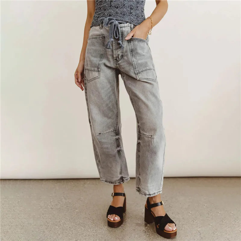 Vintage Cargo Jeans Women Drawstring Waist Loose Barrel Leg Denim Pants Casual Streetwear Y2K Grunge Summer Trousers