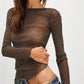 Women Rhinestone Mesh Sheer Tops Slim Fit Bling See Through Long Sleeve Lettuce Trim Shirts Spring Summer Party Cover Up