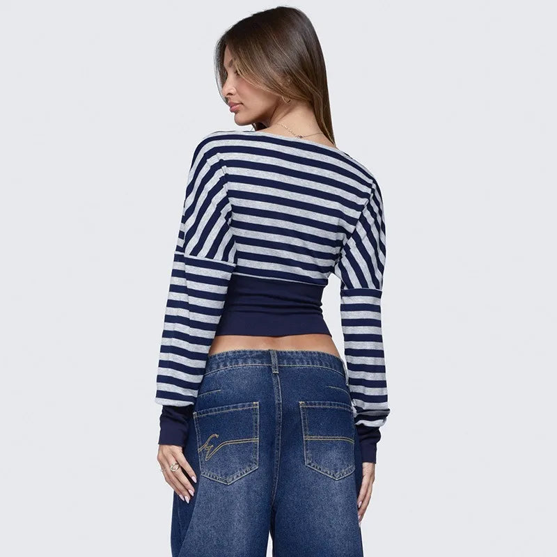 Striped Wrap V Neck Long Sleeve Crop Top Fashion 2026 Fall Clothes Casual T Shirt for Woman
