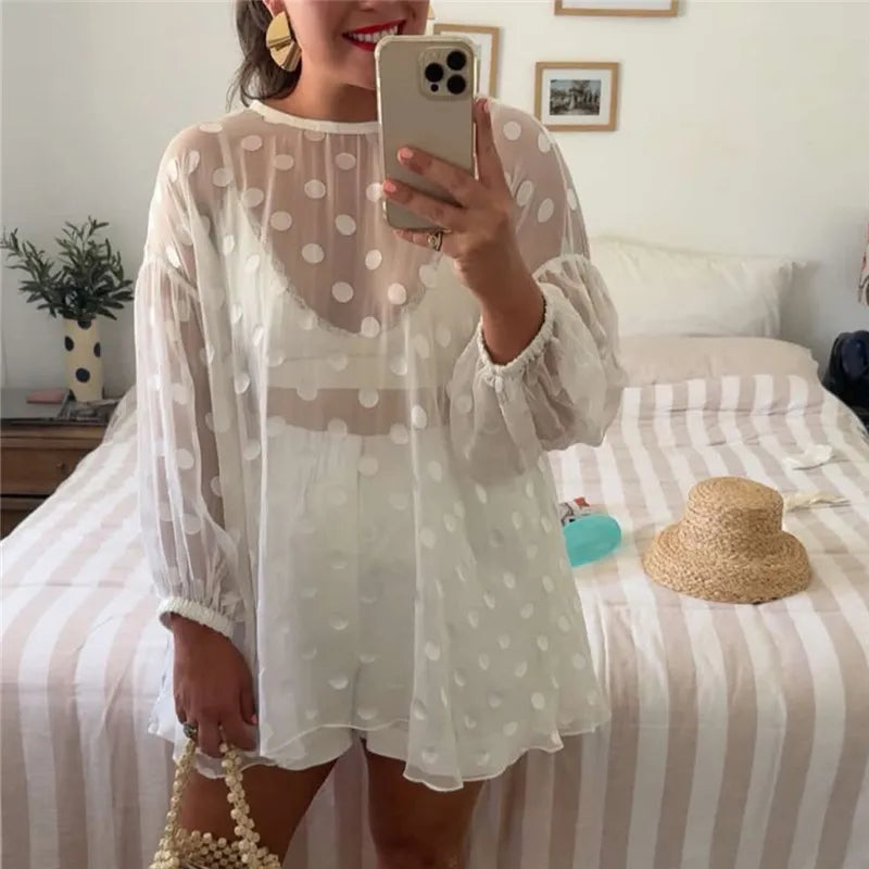 Sheer Mesh Long Puff Sleeve Casual Summer Cover Up T Shirt Blouse Women Y2K Polka Dot Beach Cover Up Shirt Dress