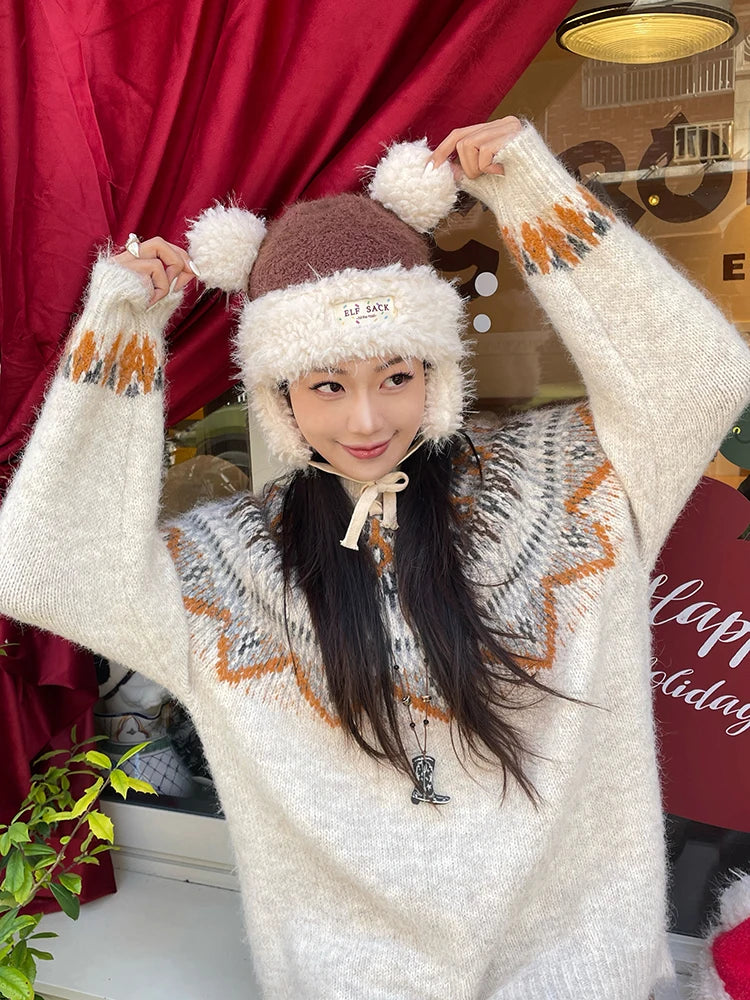 Y2K Cute Plush Hat Ear Flap Solid Tie Beanie For Women