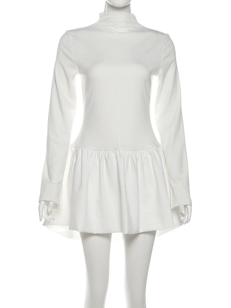 Classic Bubbles Hem Dress Women Turtleneck Simple Full Sleeve Solid Full Stretch Elegant Birthday Party Mini Bodycon