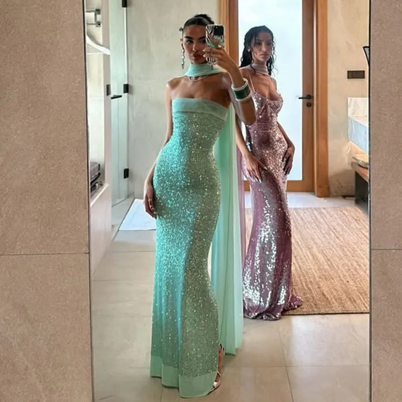 Sequined Strapless Backless Split Maxi Dress with Mesh Scarf Woman Elegant Evening Gown Party Dresses