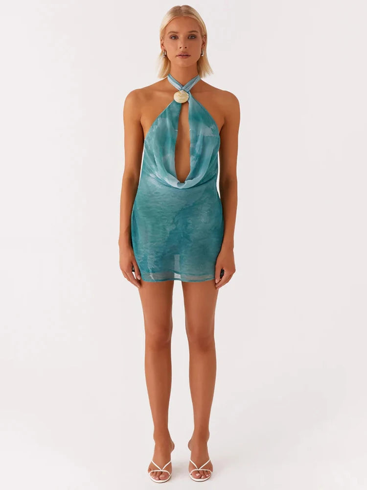 Tie Dye Halter Backless Sexy Mini Dress Women Robe Hollow Out Off-shoulder Sleeveless Beach Club Party Dress Elegant