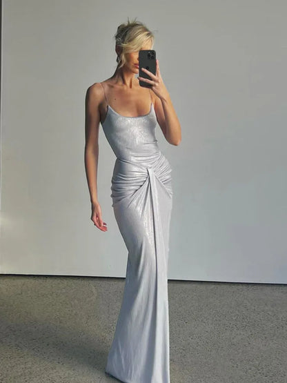 Sliver Spaghetti Strap Sexy Maxi Dress For Women Fashion Sparkle Sleeveless Backless Ruched Beach Club Sexy Long Dress