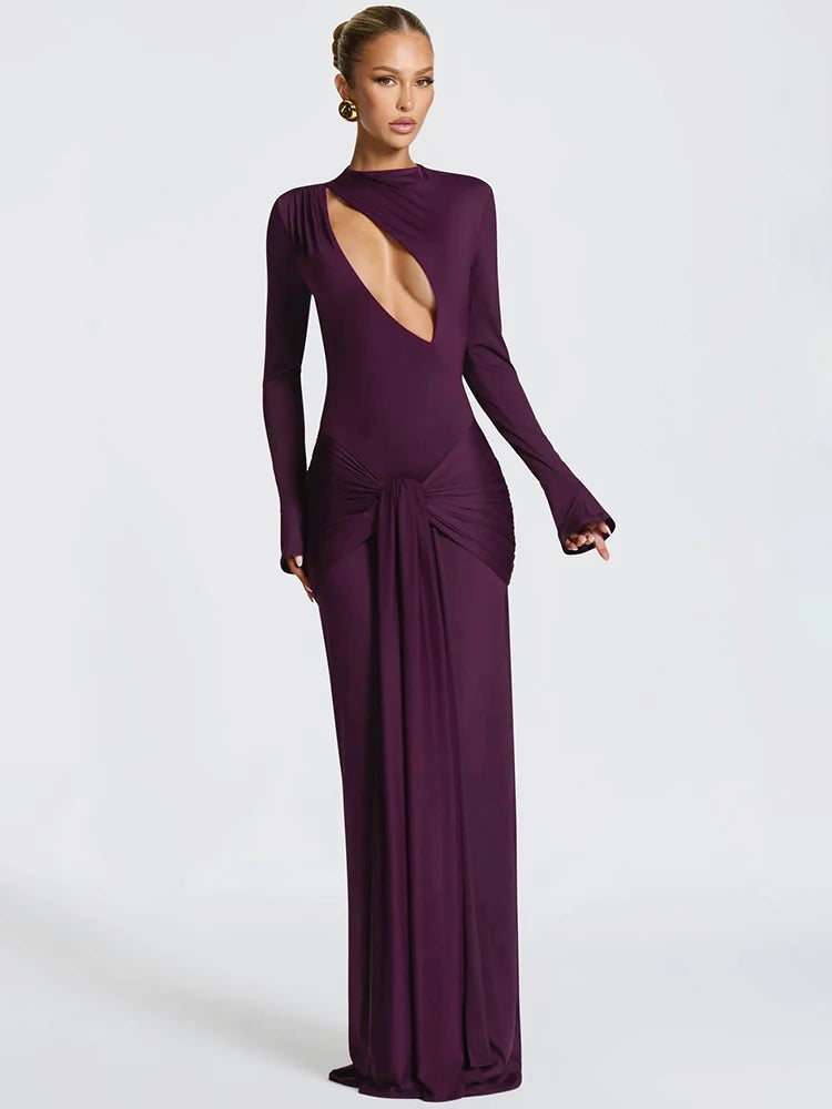 Hollow Out Long Sleeve Sexy Maxi Dress Women Gown Elegant O Neck Draped Ruched Bodycon Club Party Long Dress Fashion