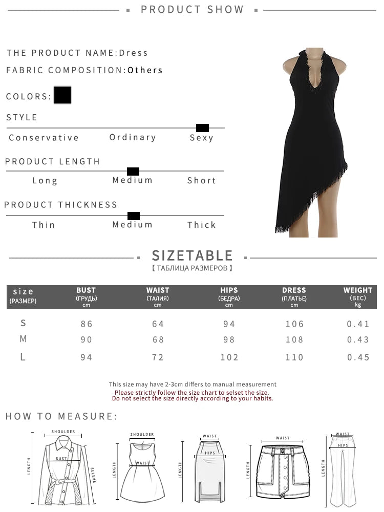 Sexy Tassel Patchwork Dress Women Fashion Halter Bandages Irregular Hem Deep V-Neck Simple Elegant Party Club Bodycon