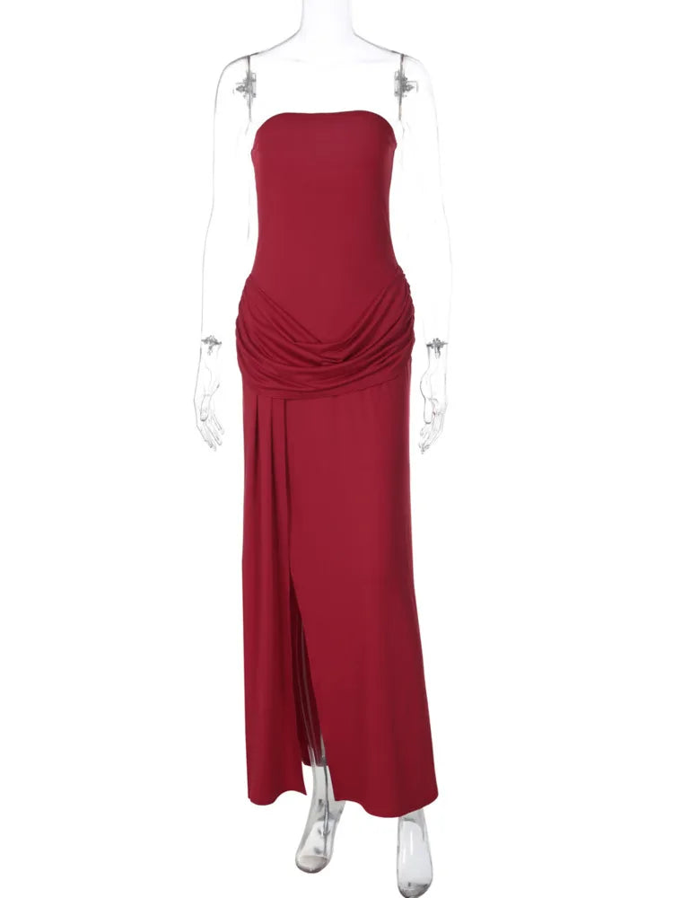 Off-shoulder Strapless Sexy Maxi Dress Women Elegant Sleeveless Backless Ruched High Split Club Party Long Dress