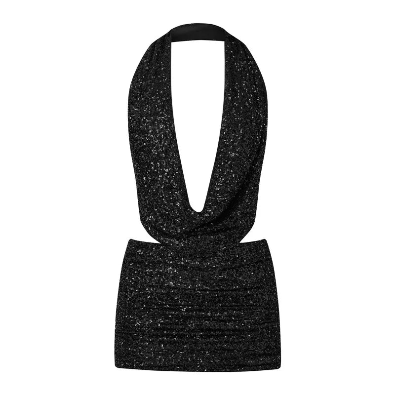 Women Sequin 2 Piece Outfit Sparkly Sexy Bodycon Sleeveless Halter Crop Top Split Mini Skirt Set Going Out Club Suit