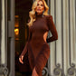 Elegant Hollow Dress Women Turtleneck Ruched Patchwork Full Sleeve Irregular Hem Skinny Stretch Party Club Bodycon