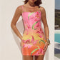 Sequin Floral Print Sling Dress Women Elegant Square Neck Sleeveless Backless High Waist Slim Dress Summer Vacation Robe