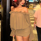 Sexy See Through Dress Women Slash Neck Drawstring Butterfly Sleeve Ruffles Ruched Skinny Peach Hip Clubwear Bodycon