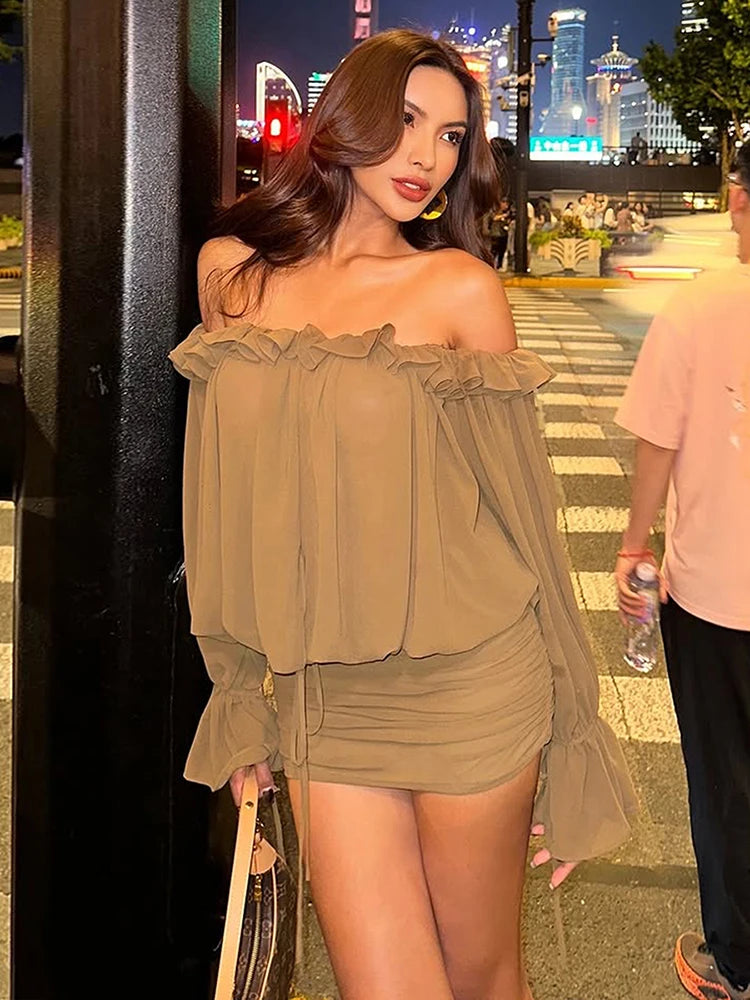 Sexy See Through Dress Women Slash Neck Drawstring Butterfly Sleeve Ruffles Ruched Skinny Peach Hip Clubwear Bodycon