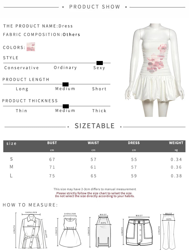 Flower Print Dress  Patchwork Puffy Hem Sleeveless Folds Street Midnight Summer Trend Sweet Chic Strapless Bodycon