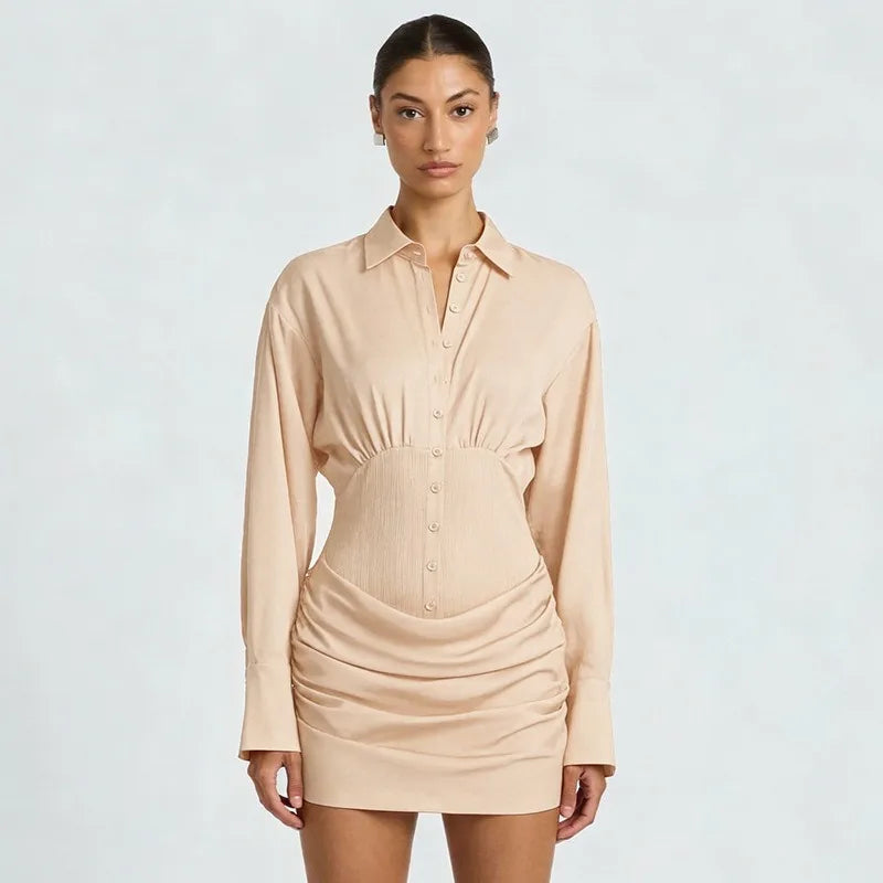 Long Sleeve Mini Shirt Dress Button Down Ruched 2026 Fall Dresses for Woman Elegant