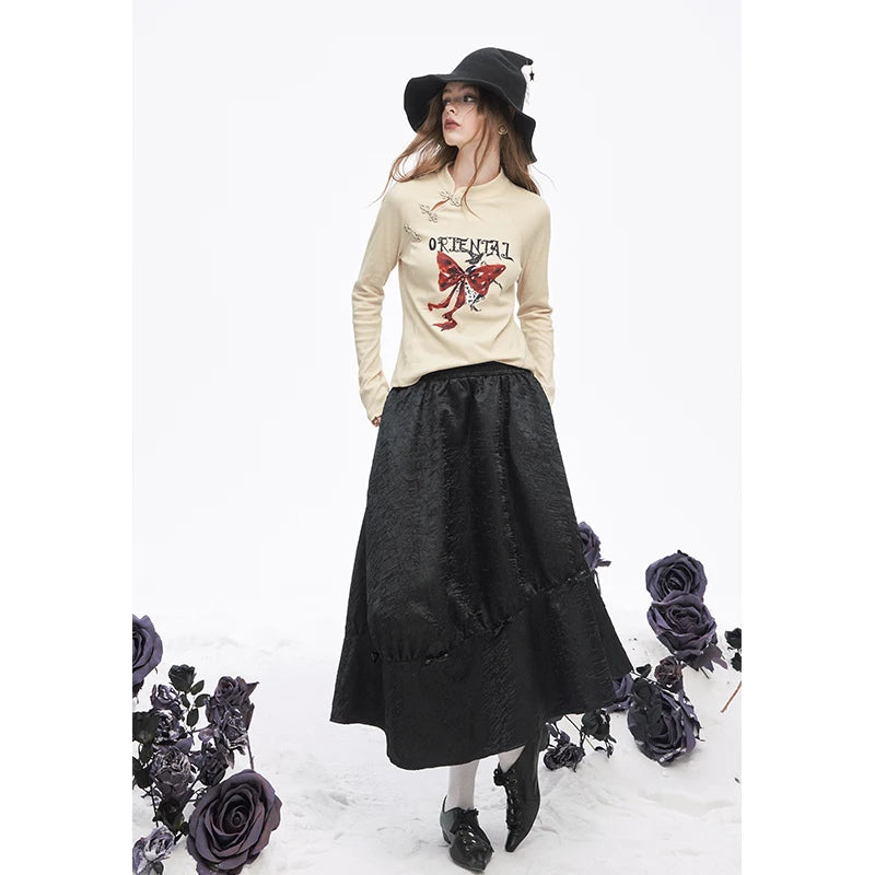 2025 Winter New Arrivals Y2K Chinese Style Irregular Button Collar Bow Graphic Long Sleeve Tshirt For Women