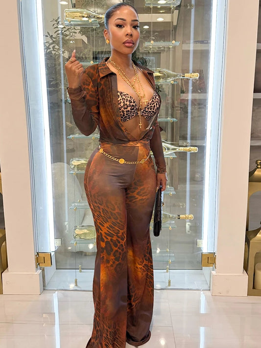 See Through Leopard Print 2 Piece Set Women Sexy Button Tight Blous+Flared Pants Matching Street Club Stretch Outfits