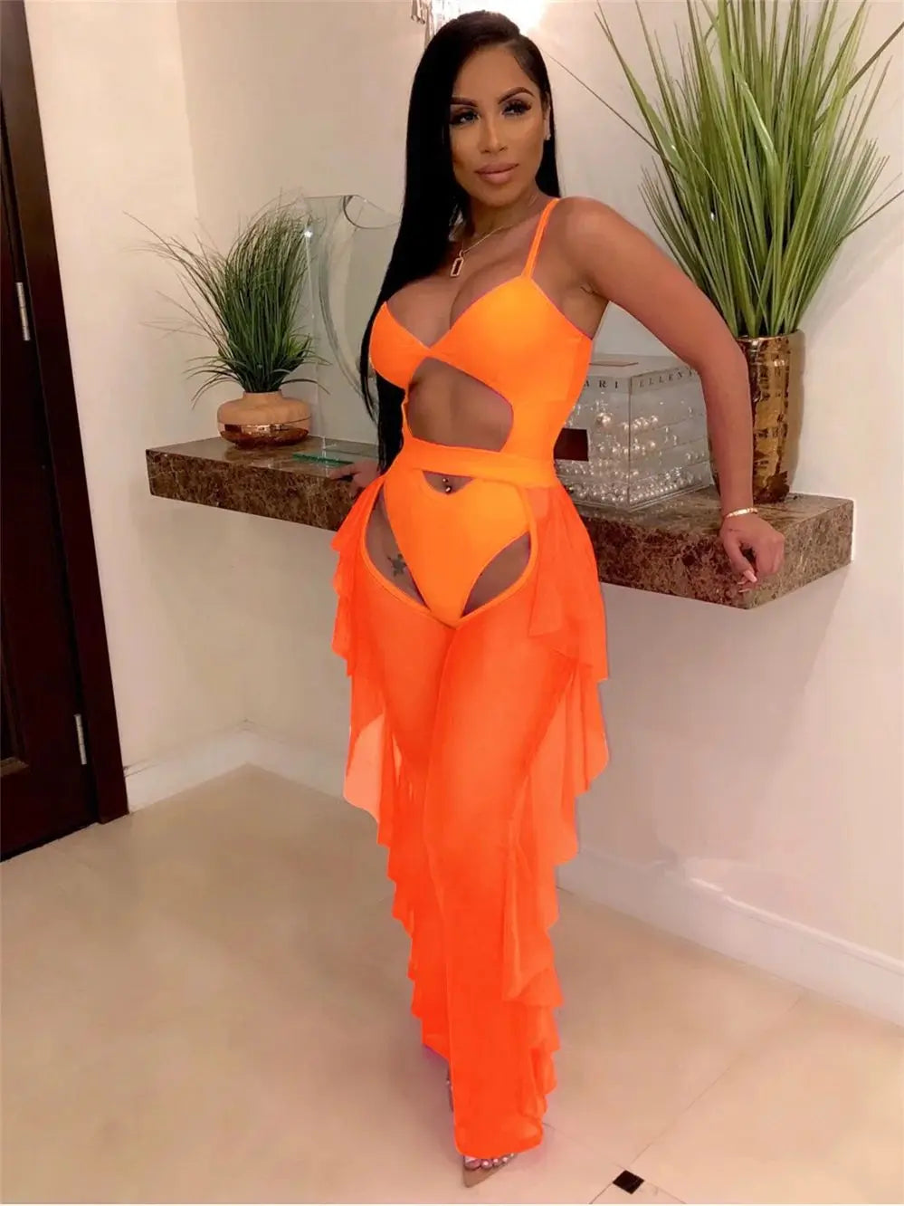 Summer 2 Piece Set Women Sexy Hollow See Through Bodysuit Top+Ruffles Pants Vacation Beach Matching Clubwear Outfits