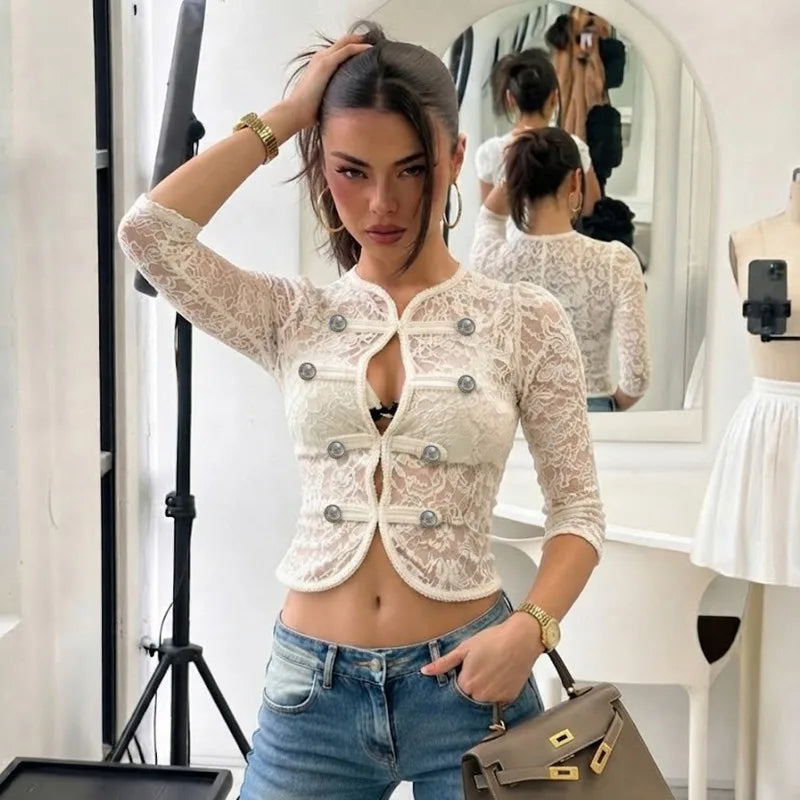 Elegant See Through White Lace Shirts for Woman Clothing Single Breasted 3/4 Sleeve Crop Tops