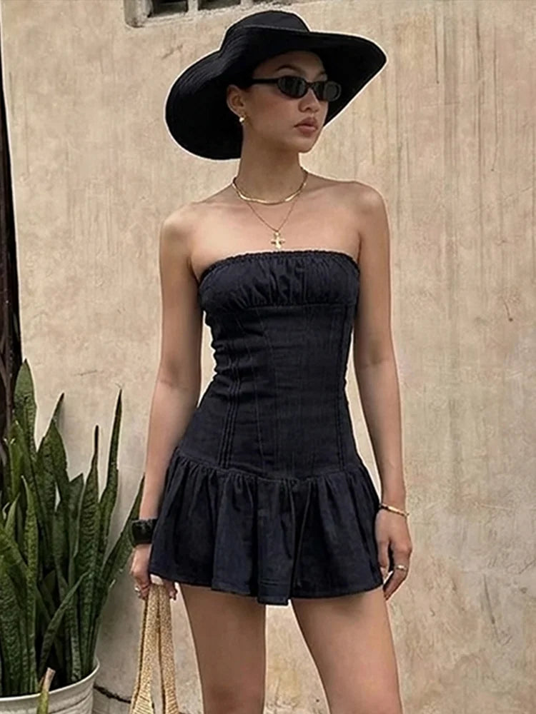 Summer Fashion Folds Dress Women Chest Wrap Sleeveless Skinny Sexy Midnight Simple Classic Prom Party Chic Mini Bodycon