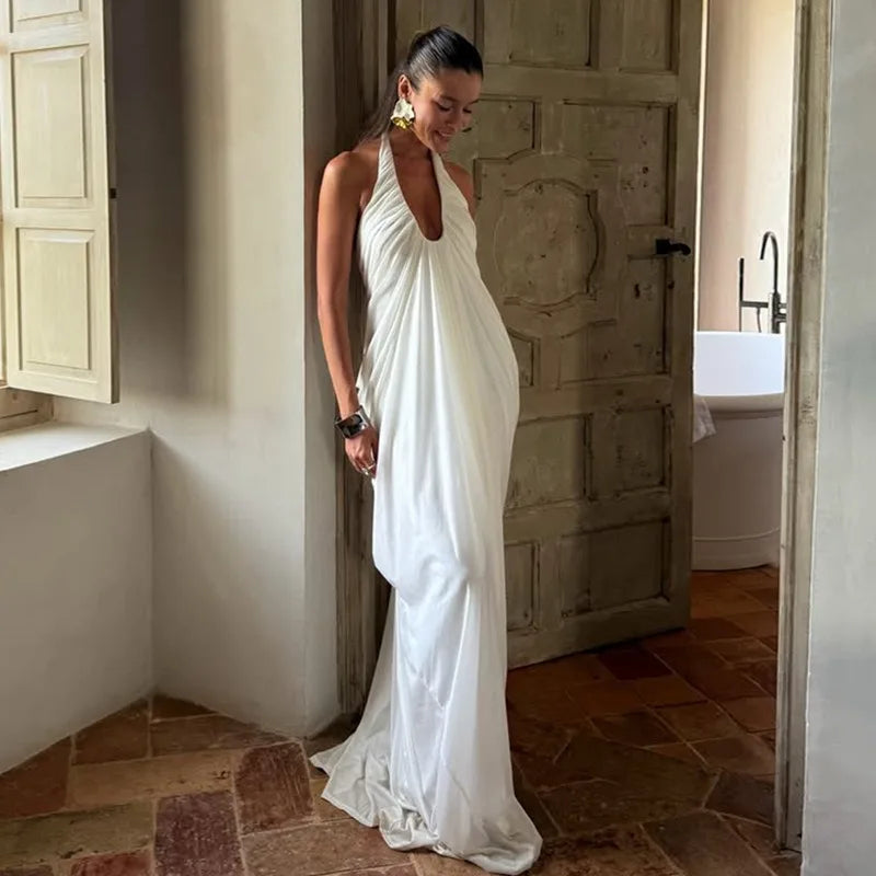 V Neck Backless Sleeveless Pleated Long Maxi Dress Sexy Mesh White Dresses for Woman Party Wedding